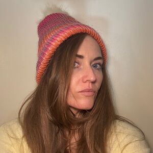 New knit pink striped foldover beanie hat